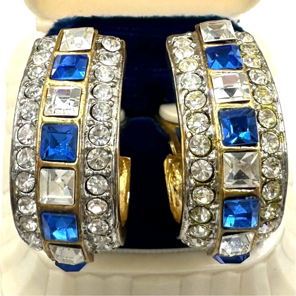 Vintage gold tone blue clear rhinestones hoops statement clip on earrings